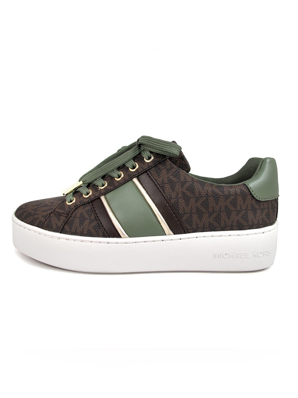 Michael Kors Poppy Stripe Lace Up Sneakers 6 Army Green Monogram Platform Chunky